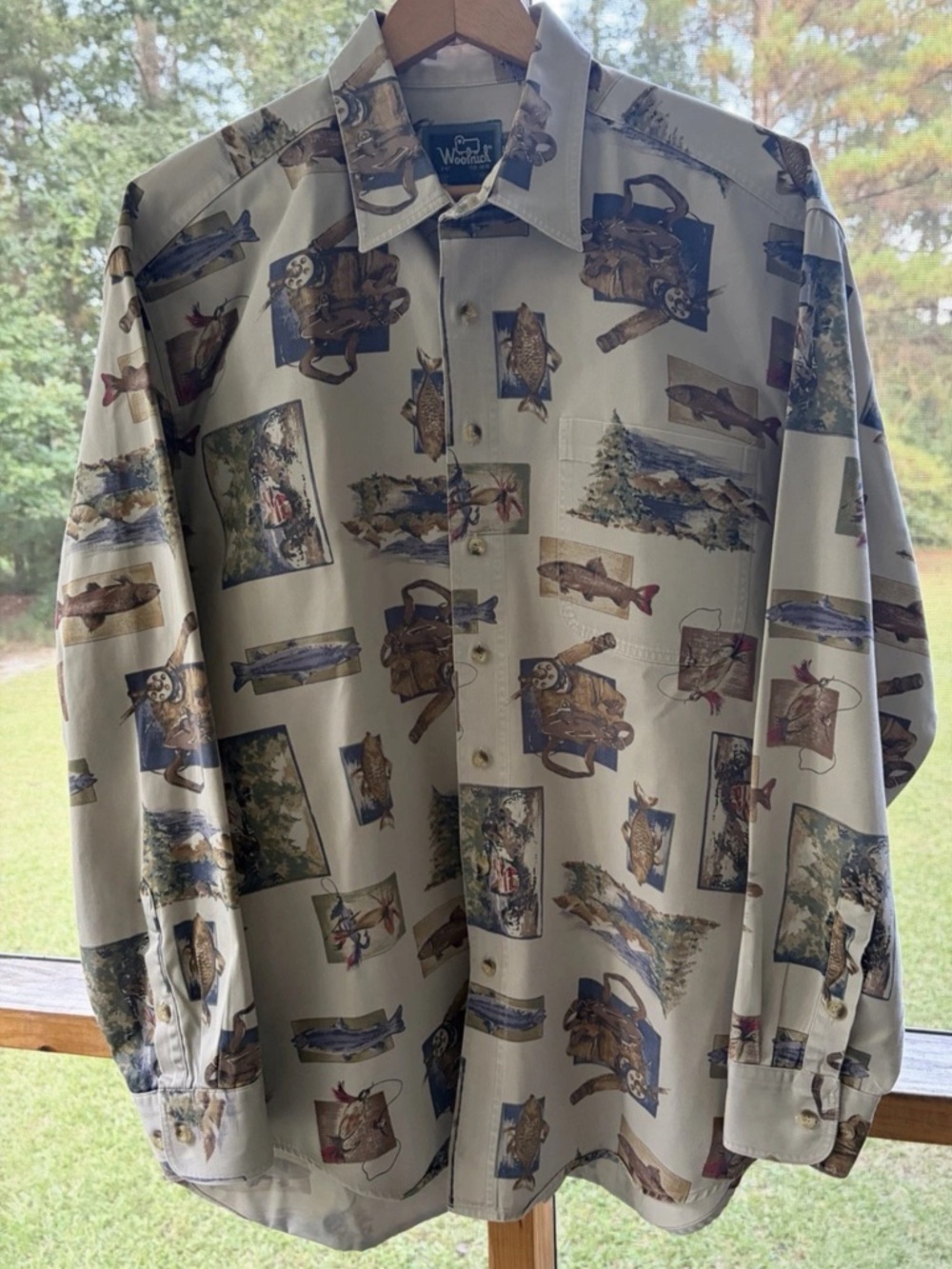 Vintage Woolrich Fly Fishing AOP Button Down Shirt Long Sleeve Men's Size Large
